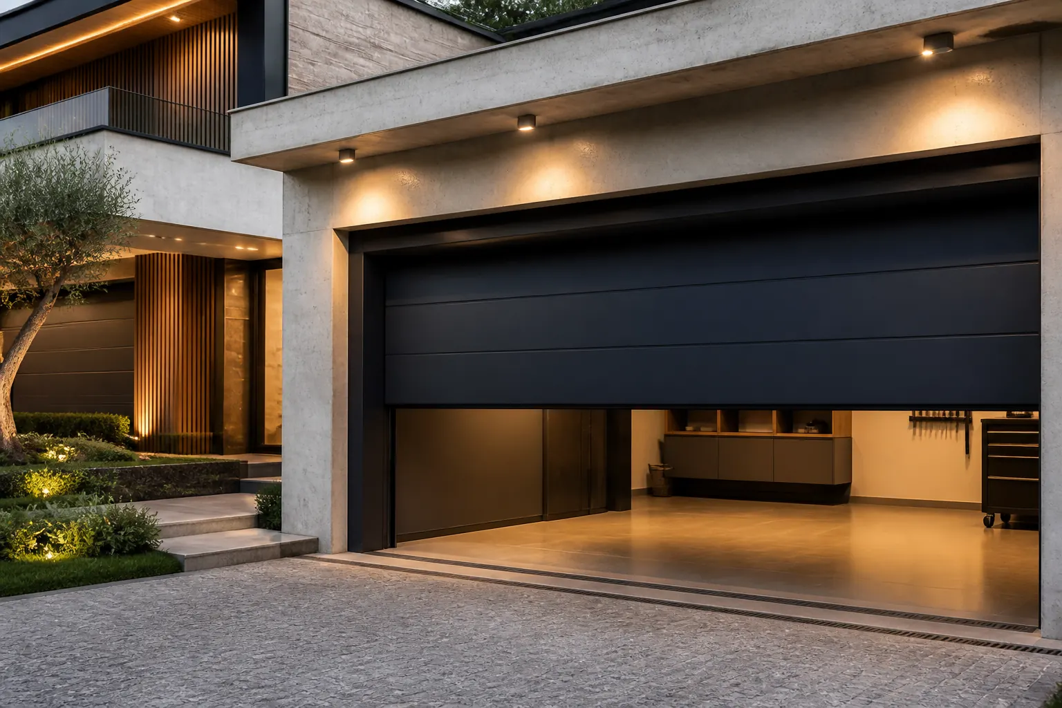 Bursa'da modern villa girişinde otomatik seksiyonel garaj kapısı